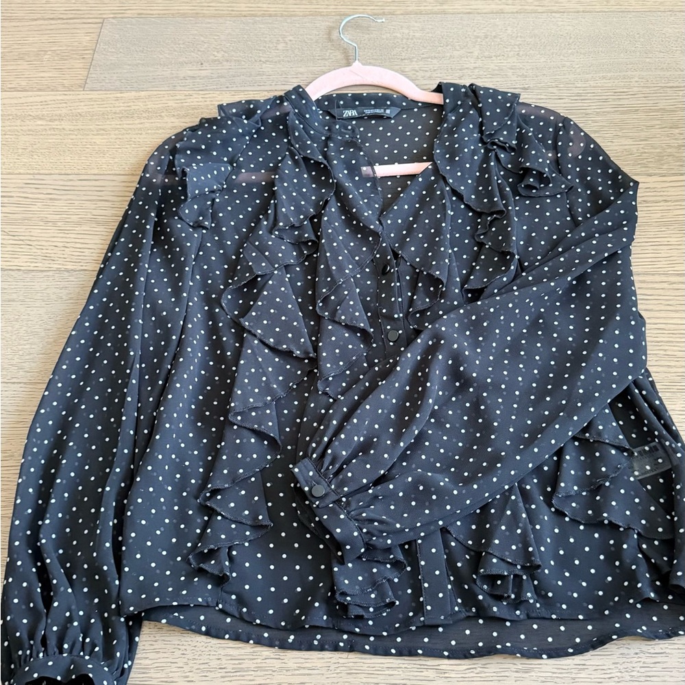 Zara Black and White Polka Dot Ruffle Blouse